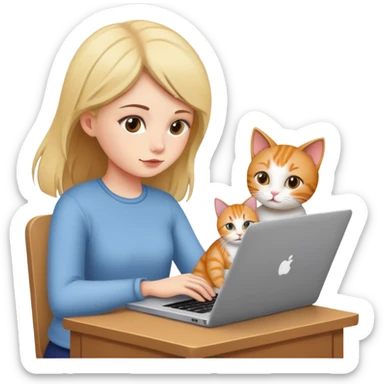 A girl is working hard on a laptop with a cat next to it sticker