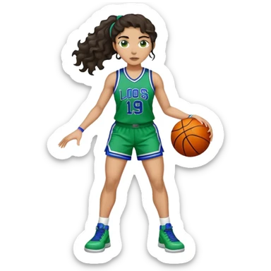 full body plus size light skin latino women basketball player with wavy dark hair large wide nose wearing blue with green uniform sticker