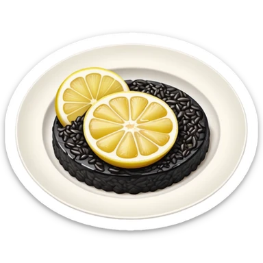 cinematic-realistic-black-risotto-dish,-showcasing-dramatic-lighting in a white plate with a single slice of grilled lemon on top sticker