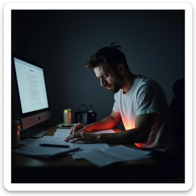 realistic man at desk late night, surrounded by paperwork and energy drinks, glowing computer, deep fatigue, dark circles, slouched posture, faint red glow on gut, moody burnout health risk visual sticker