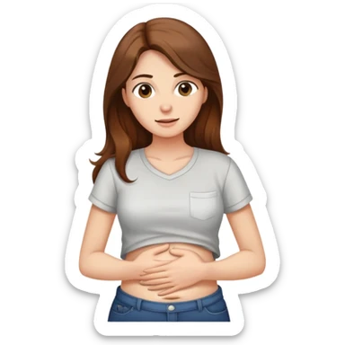 Crying woman with long brown hair rubbing stomach with shirt on sticker