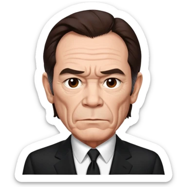 Tommy Lee Jones with dark brown hair, black suit sticker