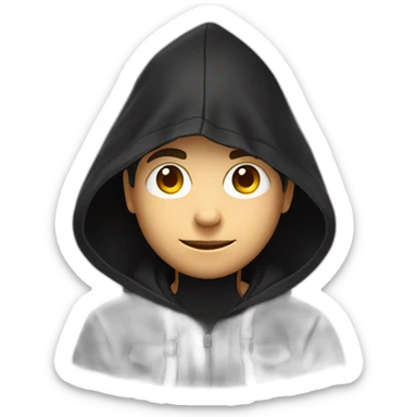 Young gamer with a black hood behind his computer sticker