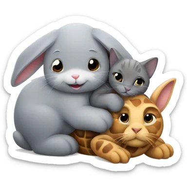 a grey bunny cuddling with two tortoise cats  sticker