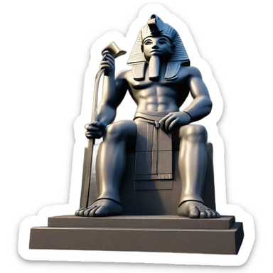 Osiris crook and flail obsidian statue on granite 30 ton brick, massive size, sunlight behind, sunset colors, reflections on black stone polished clean perfect, photography angles sticker