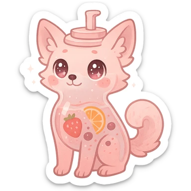 full-body pastel pink blender fox hybrid with transparent body showing fruity smoothie inside, sparkling eyes, transparent background sticker