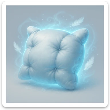 enchanted pillow radiating cool silver and blue light, with misty swirls and sparkling feathers, frost aura and magical energy supporting a peaceful dreamy sleep symbolizing pain relief and comfort sticker