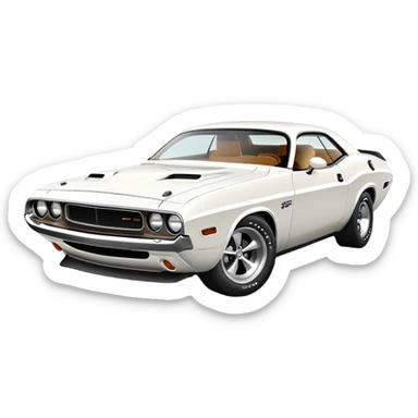 White 1971 Dodge Challenger with precise structure and proportions, consistent 30-degree angle view, showing detailed front fender and side profile, pure white color, iOS emoji style sticker