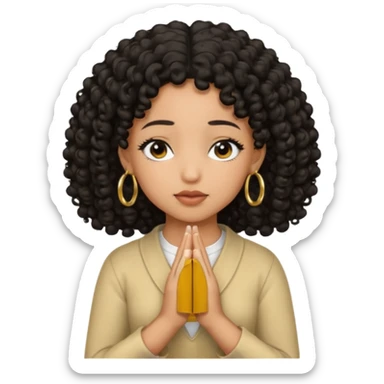 brown girl praying black curly hair and black eyes closed with gold hoop earrings sticker