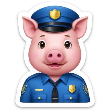 a pig, upright, in a police officer uniform, drooling, eyes looking to the bottom left sticker