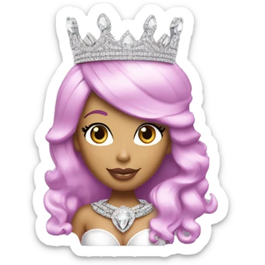 Nicki Minaj with a crown on and a diamond chain that says “queen”. Her crown is sparkly and silver tiara sticker
