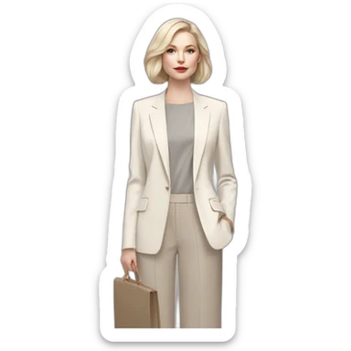 pale skin woman with ash blonde Straightened bob Hair, White Spacious classical jacket, beige palazzo Arrow pants and gray blouse holding RAL colour palette in the hands sticker