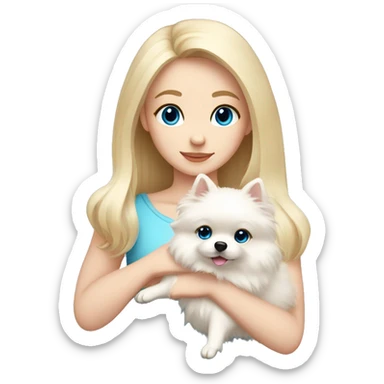Blond girl white skin blue eyes hugging white Pomeranian with light pink bow sticker