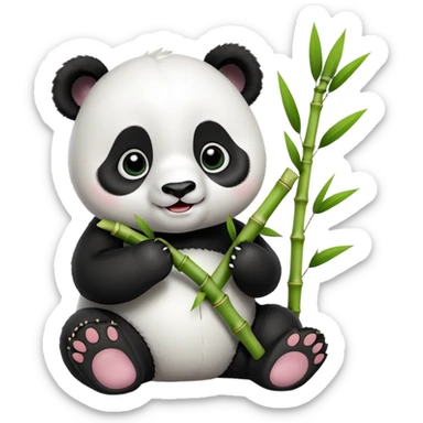 A 3D baby panda sitting and happily eating bamboo, big shiny eyes, cute and cartoonish style, soft lighting, high quality sticker