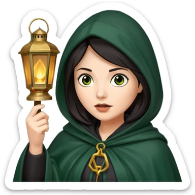 traitor tv show, dark haired woman wearing dark green cloak with hood up who looks very evil and is holding up a lantern sticker