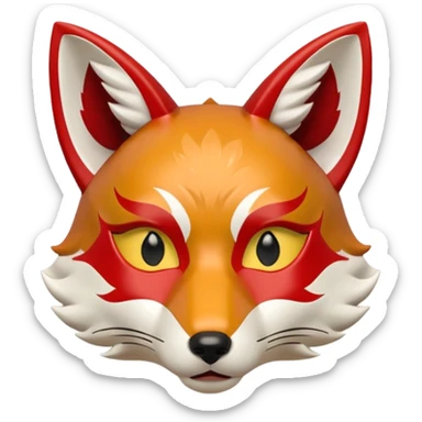 a japanese kitsune fox mask, smooth matte plastic surface, soft gradient lighting, white base with red and gold face markings, small triangular fox ears, calm and mysterious expression sticker