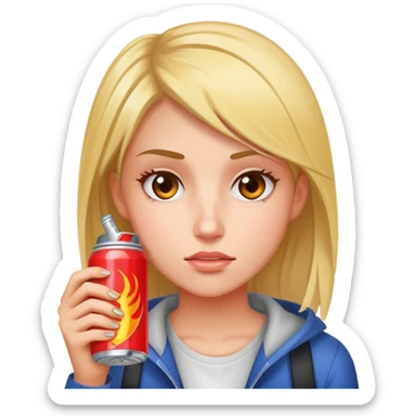 female student holding Burn energy drink can, tired face sticker