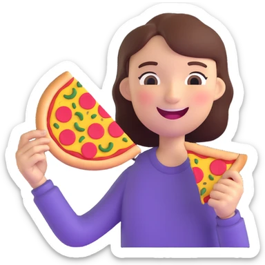 cheerful face holding a bitten pizza slice, glossy and colorful, playful expression sticker