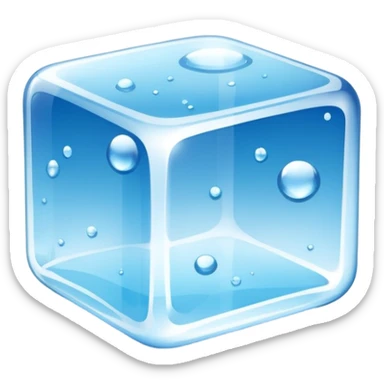 A single transparent ice cube with smooth rounded edges, highly detailed, crystal-clear with tiny air bubbles inside, glossy reflections, cool blue tones, soft shine on the surface, realistic lighting, floating on a clean blue background, ultra-high resolution, 3D look, sharp details sticker