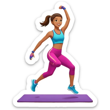 An energetic person performing an aerobics workout in a brightly lit gym, jumping and stretching with enthusiasm. The scene includes vibrant fitness equipment like dumbbells and exercise mats, with a background of cheerful, motivating colors, conveying energy and movement. sticker