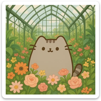 scottish fold pusheen cat surrounded by flowers in a botanical garden greenhouse sticker