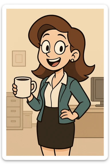 cheerful office girl holding a coffee mug, modern cartoon style sticker