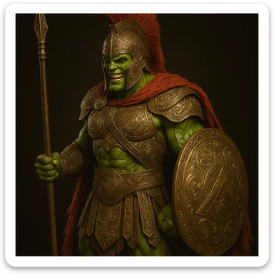 Enhance the armor with intricate Spartan details, ornate engravings, and realistic metallic textures, keeping the Mask's green face and ancient Greek warrior style. sticker