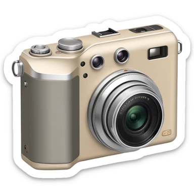 Minimalist Olympus Superzoom 70G camera from side angle, grayish-beige color, simplified profile showing characteristic silhouette with very few details sticker