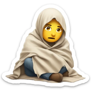An emoji of a tired person sitting on the ground, with worn-out clothes and a sad expression, holding a simple blanket or piece of cardboard sticker