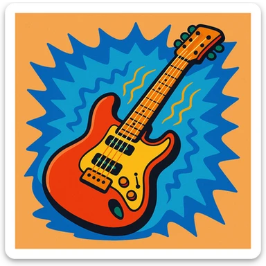 electric guitar with blue aura and vibrating strings, vibrant and energetic cartoon style sticker