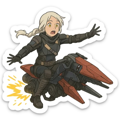1 female, white hair long braid, gold yellow eyes, no helmet, a novice warlock from Destiny 2 armor,, futuristic technology,, level 1 warlock, flying out of control on a sparrow sticker
