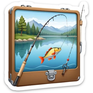 Icon for Fishing: a fishing rod with a line in the water, a tackle box, a fish on the hook, and a peaceful lake or river background. The icon should capture the calm and skill of fishing. Transparent background. sticker