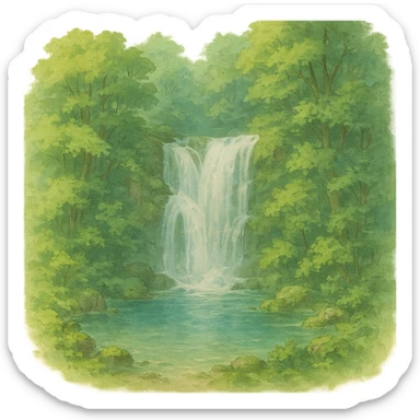 waterfall then lake and the rest of the waterfall in forest, natural colors, soft, fairy-like atmosphere, no background, square size sticker
