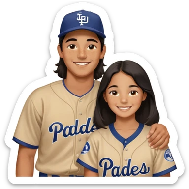 Smiling couple. Girl has medium cheeks and a lot of freckles on the nose. Long hair. The boy has black short hair and prominent eyebrows with egipcian nose. Both are wearing “Los Padres” baseball jerseys and with a sign that says “Go Padres” sticker