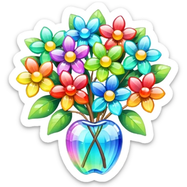 a bouquet of crystal flowers shimmering with rainbow colors, Apple emoji style sticker