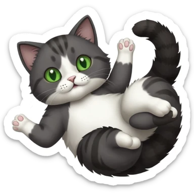 solid dark grey cat with green eyes, white toes/paws and white patch on her chest playfully rolling upside down sticker