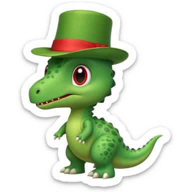 A side view of a very cute and adorable green anthropomorphic baby dinosaur with a red top hat sticker