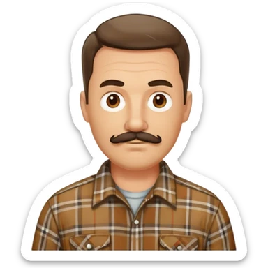 middle aged white man with dark brown mustache and goatee  standing, wearing a plaid shirt sticker