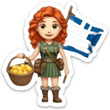 red hair female winter mountaineer offering Easter basket and Greek flag sticker