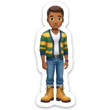 Handsome Black guy with brown skin tone, with lean muscular build, wearing baggy blue jeans, a white v-neck t-shirt, a yellow and green striped cardigan sweater, and timberland boots  sticker