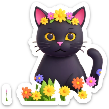 A black cat with a flower on its head in a field of flowers, vibrant colors sticker
