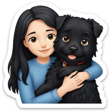 A black long-haired girl happily hugging a black terrier dog sticker