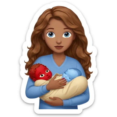 Woman with blue eyes and light brown wavy hair carrying brown skinned newborn sticker