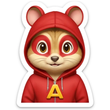 Portrait of a cartoon chipmunk with light brown and beige fur, wearing a red hoodie with a yellow 'A' on it, big round eyes, small nose, and a mischievous grin, front-facing, stylized in animated movie style sticker