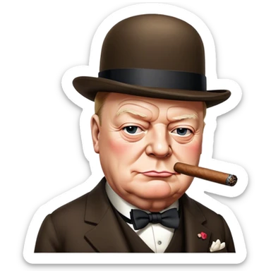 Cinematic Realistic Winston Churchill Portrait Emoji, depicted as a resolute British statesman with a signature bowler hat and a cigar, exuding determined leadership and wartime valor, rendered with lifelike textures and dramatic vintage lighting that captures his iconic British spirit. sticker