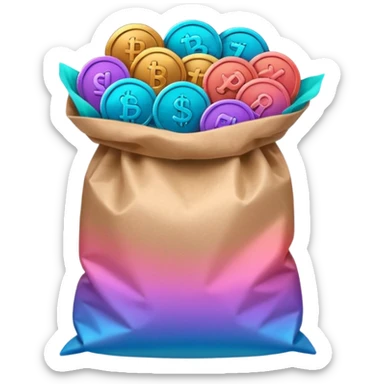 coins in gradient of turquoise, blue, pink, purple, and coral color inside a brown bag sticker