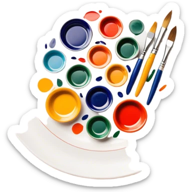 Ceramic painting icon, hand-painted ceramic plate or vase with intricate patterns, visible paintbrush, paint pots, and ceramic tools, colorful glaze, no finished artwork, just the painting process, minimalistic style, clean lines, transparent background. sticker