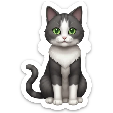 full body view of beautiful female solid dark grey cat with green eyes, white toes/paws and white patch on her chest sticker