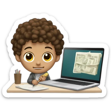 a boy with textured brown hair, with one hand writing on a Windows laptop, and with the other hand holding a stick, and who has money and a notebook on his desk sticker
