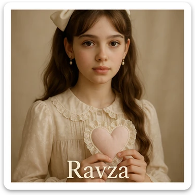 15 year old girl named Ravza, coquette style, holding a heart-shaped accessory, soft lighting, delicate details sticker